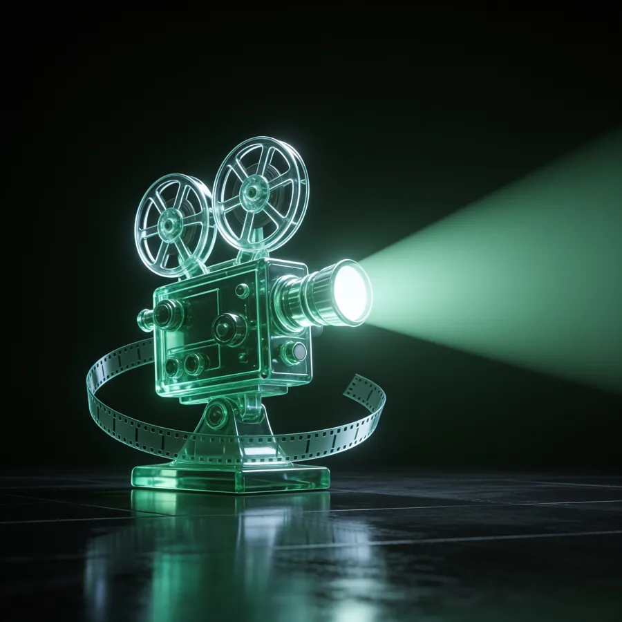 Projetor de cinema de vidro verde lançando um feixe de luz, com fita de filme ao redor