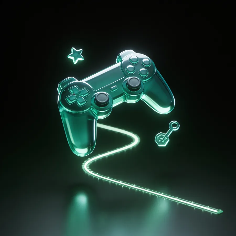 Controle de videogame de vidro verde com estrela, chave e um caminho de luz