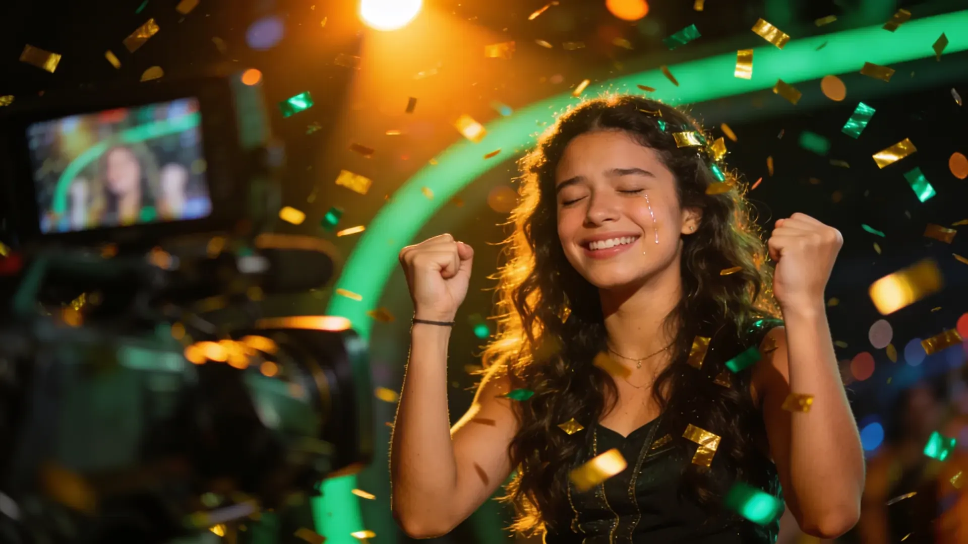 Jovem comemorando a vitória no palco do reality, entre confetes